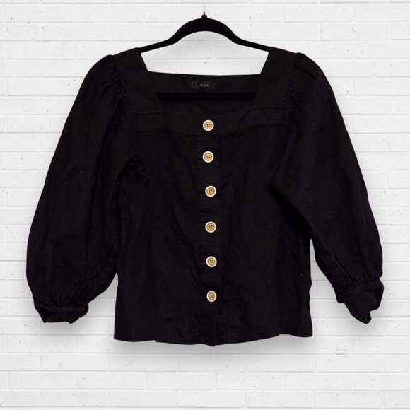 J CREW Black Linen Square Neck Crop Button Front Up Puffy Sleeve Top Blouse XS - Picture 1 of 5